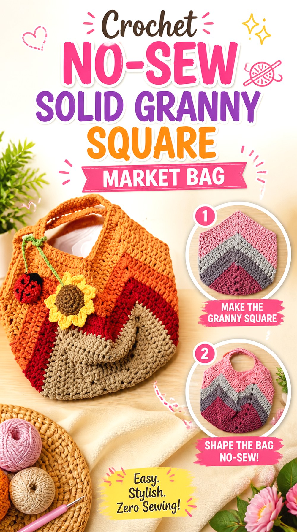 Crochet No Sew Solid Granny Square Market Bag