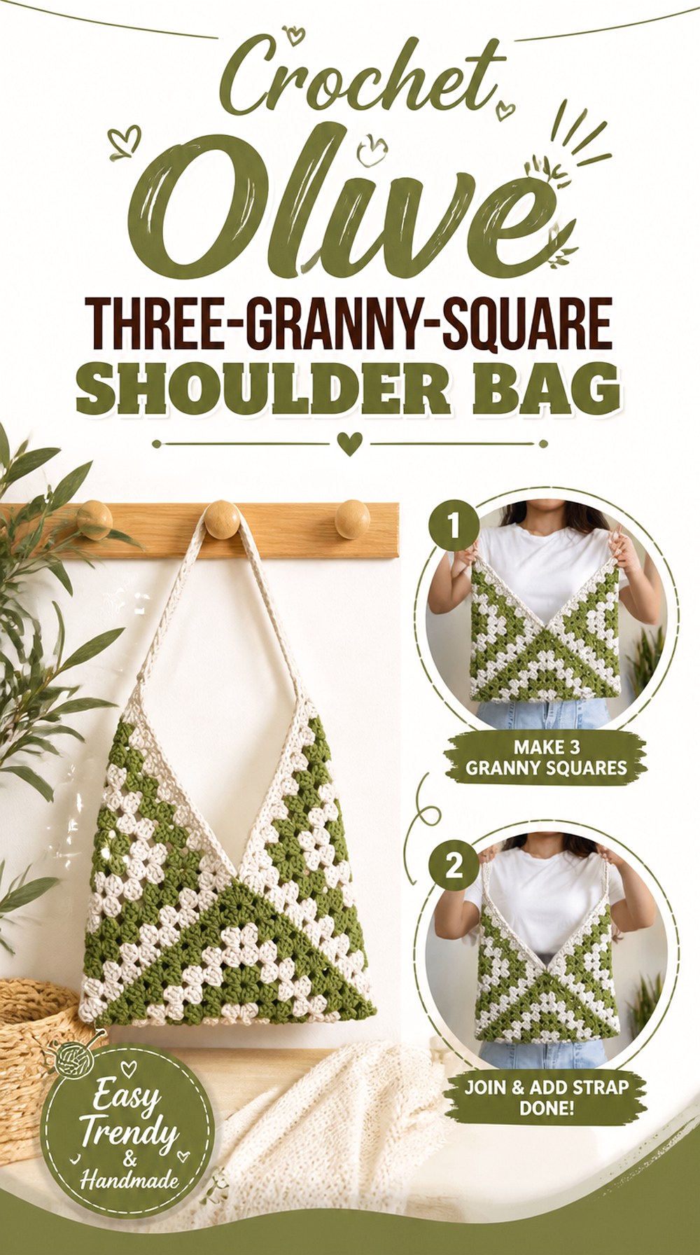 Crochet Olive Three Granny Square Shoulder Bag