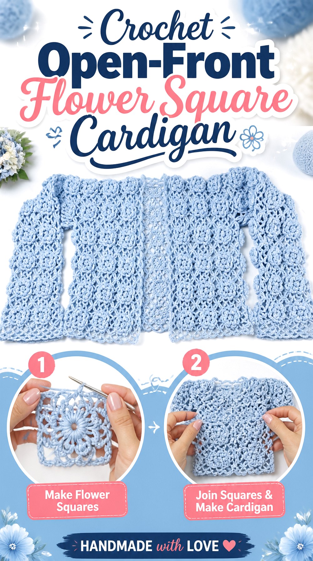 Crochet Open Front Flower Square Cardigan