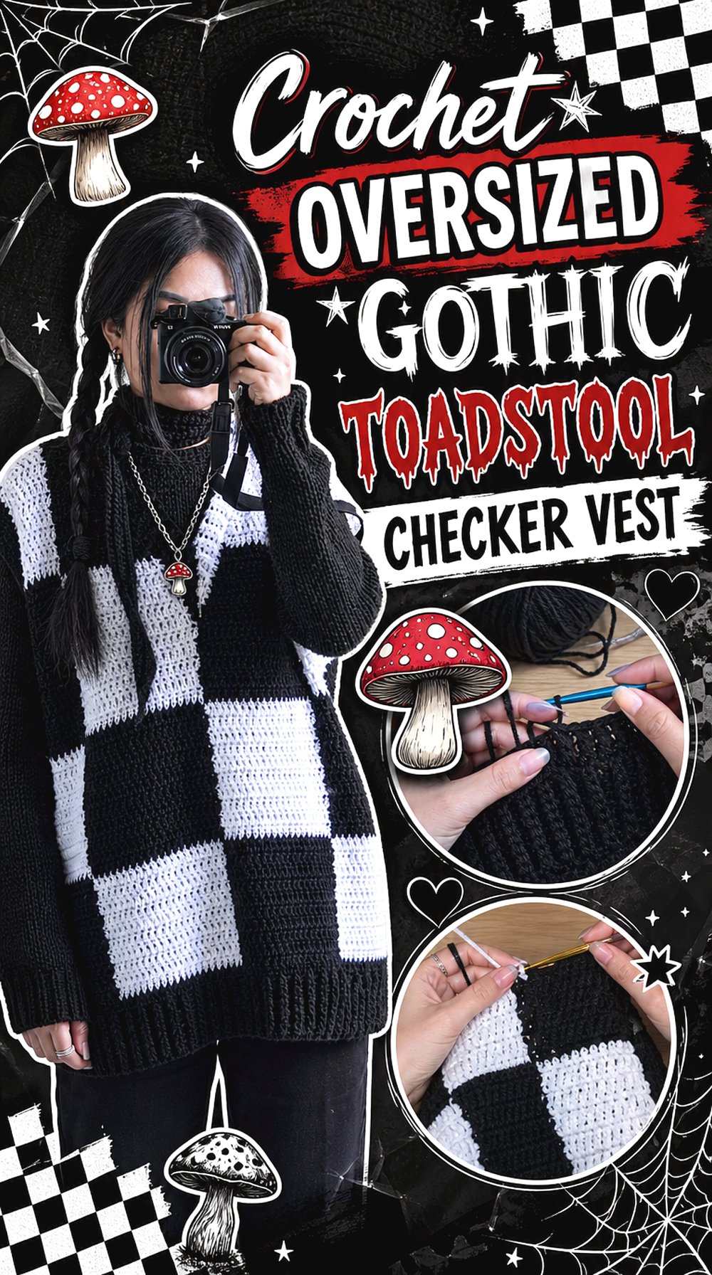 Crochet Oversized Gothic Toadstool Checker Vest