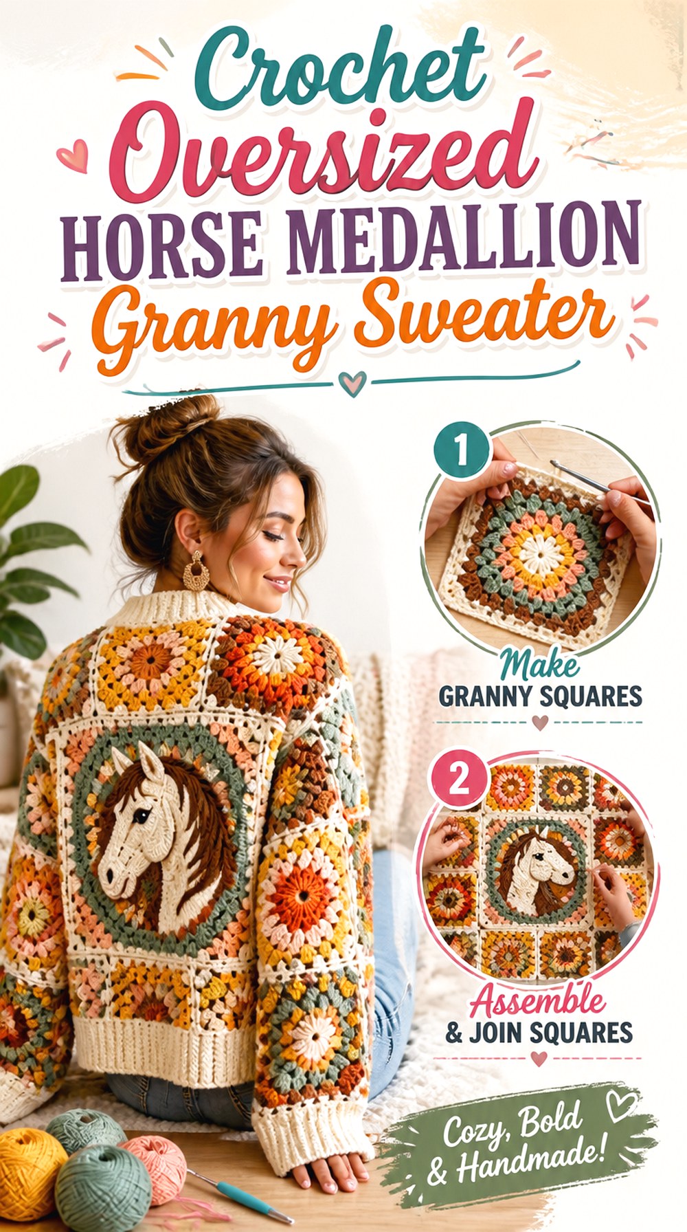 Crochet Oversized Horse Medallion Granny Sweater
