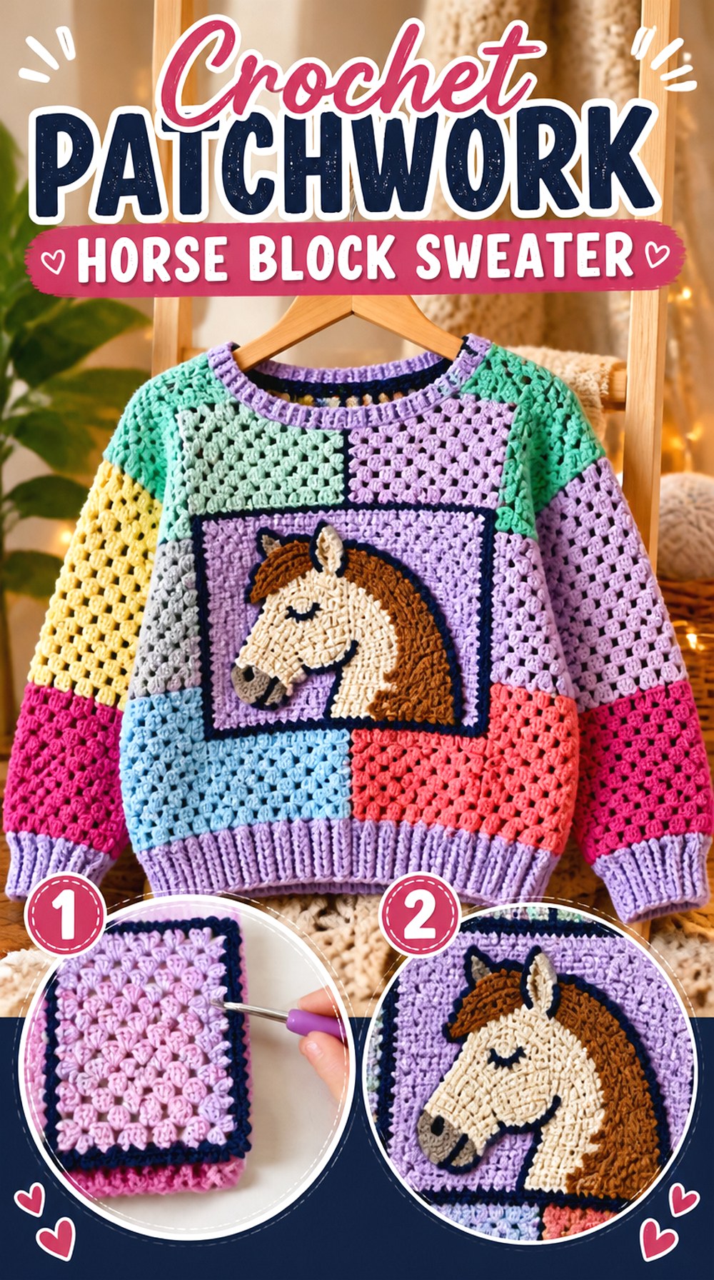 Crochet Patchwork Horse Block Sweater