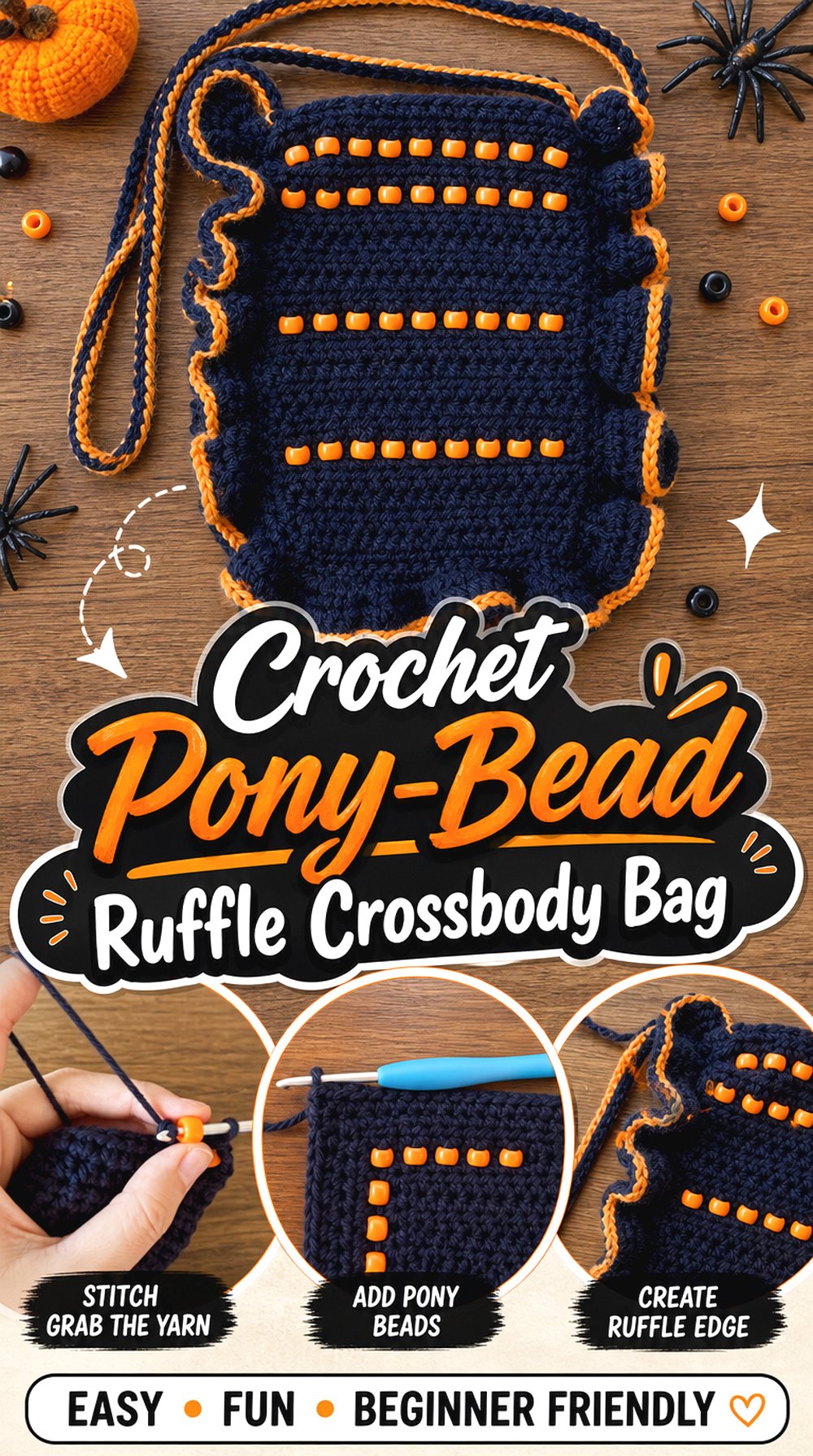 Crochet Pony Bead Ruffle Crossbody Bag