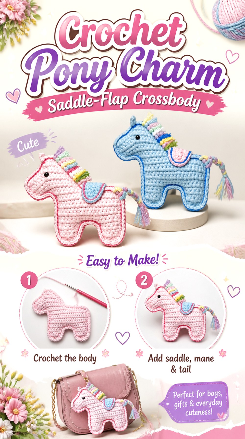 Crochet Pony Charm Saddle Flap Crossbody