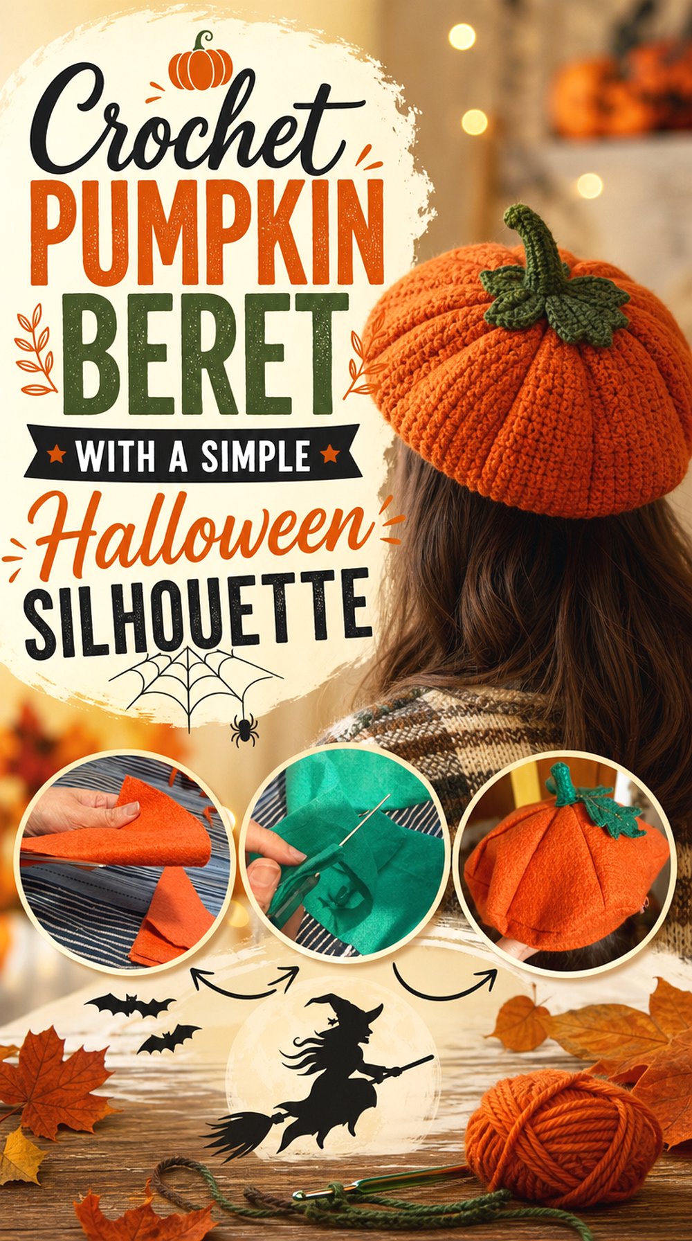 Crochet Pumpkin Beret with a Simple Halloween Silhouette