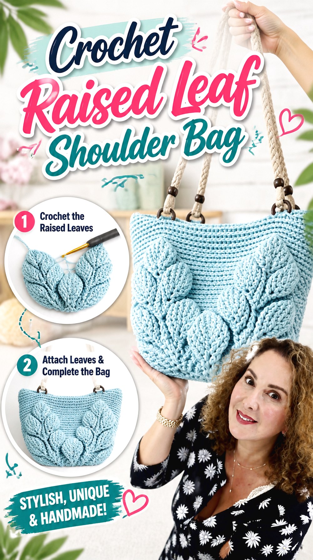 Crochet Raised Leaf Shoulder Bag