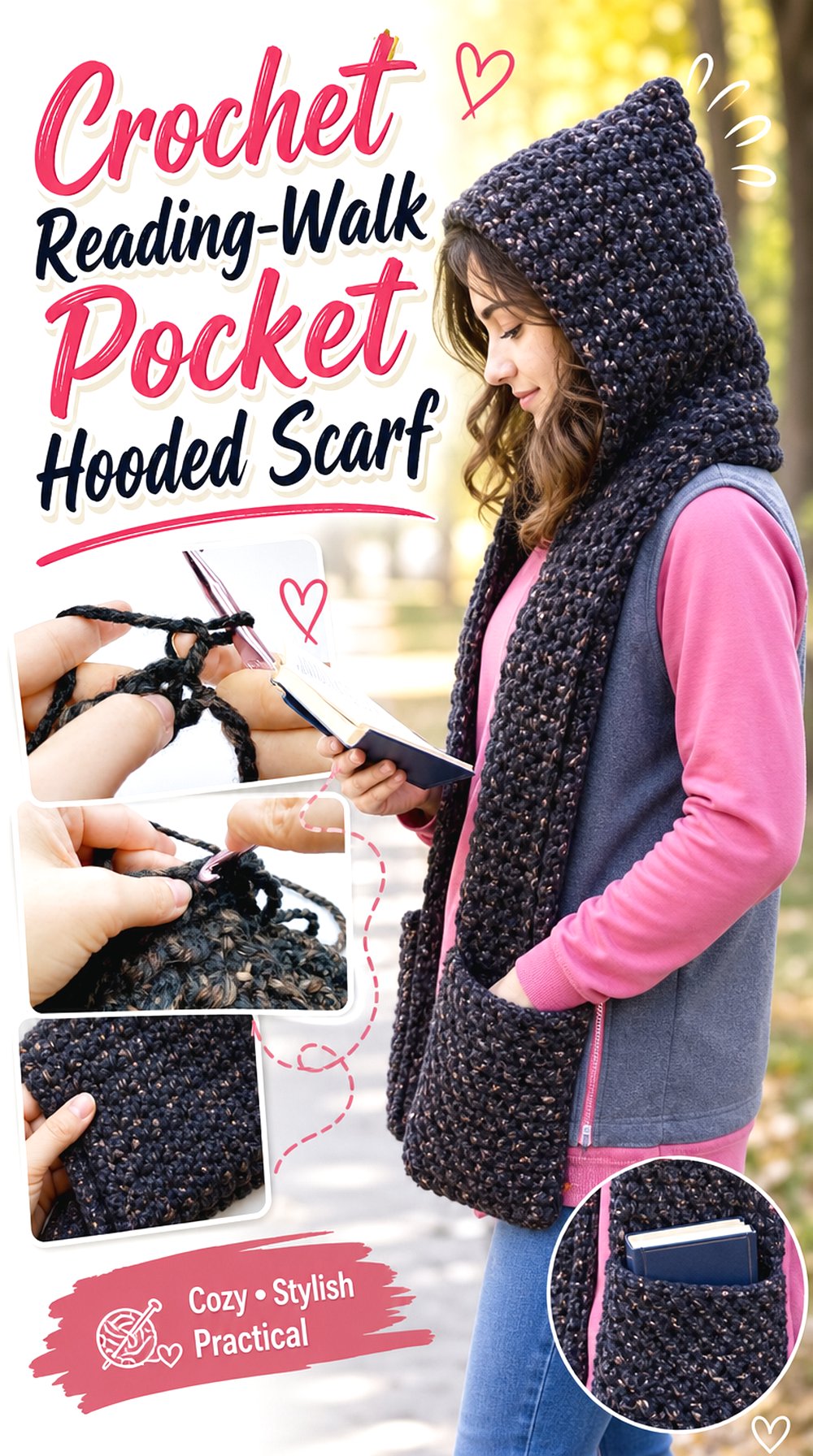 Crochet Reading Walk Pocket Hooded Scarf