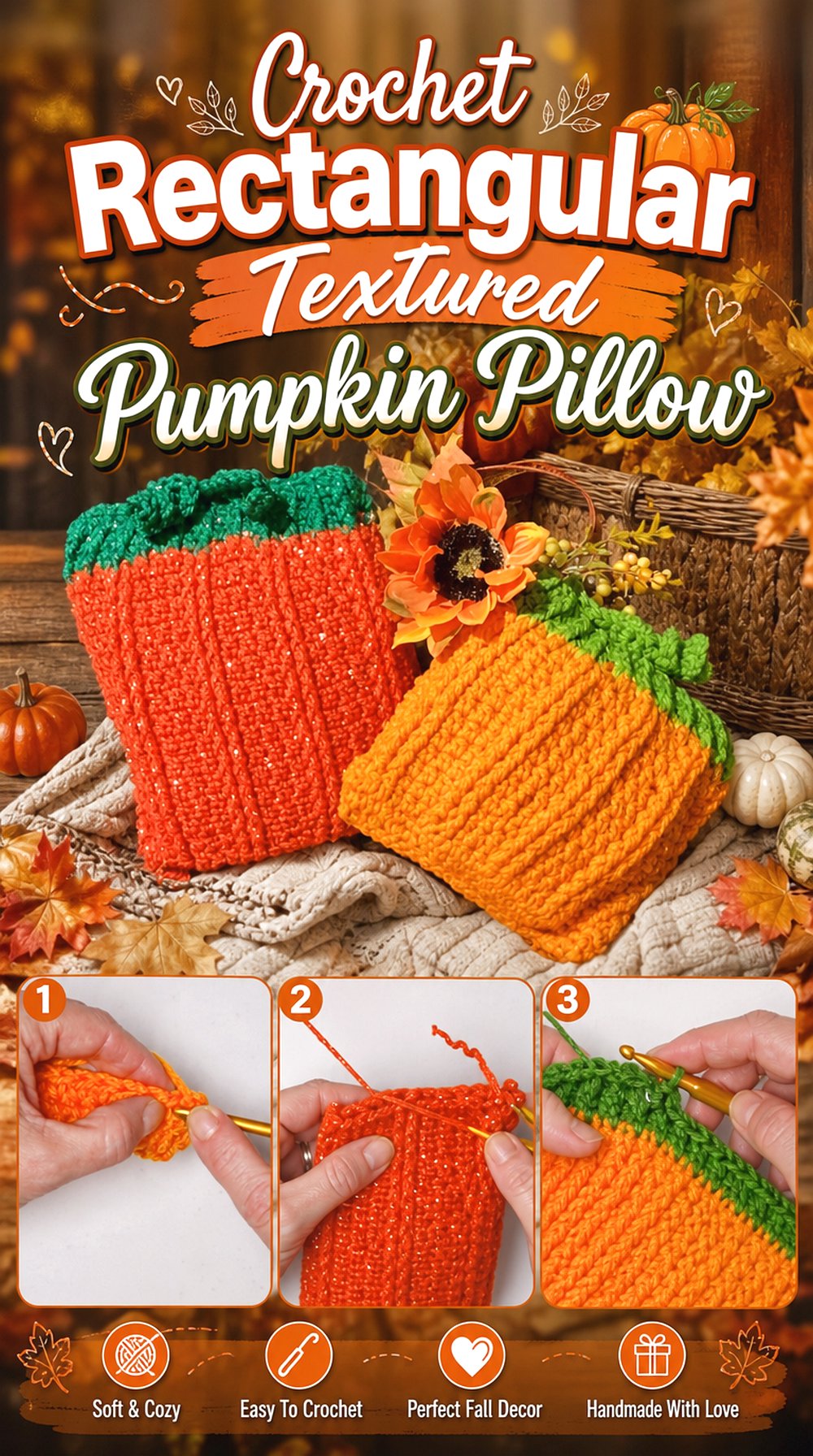 Crochet Rectangular Textured Pumpkin Pillow