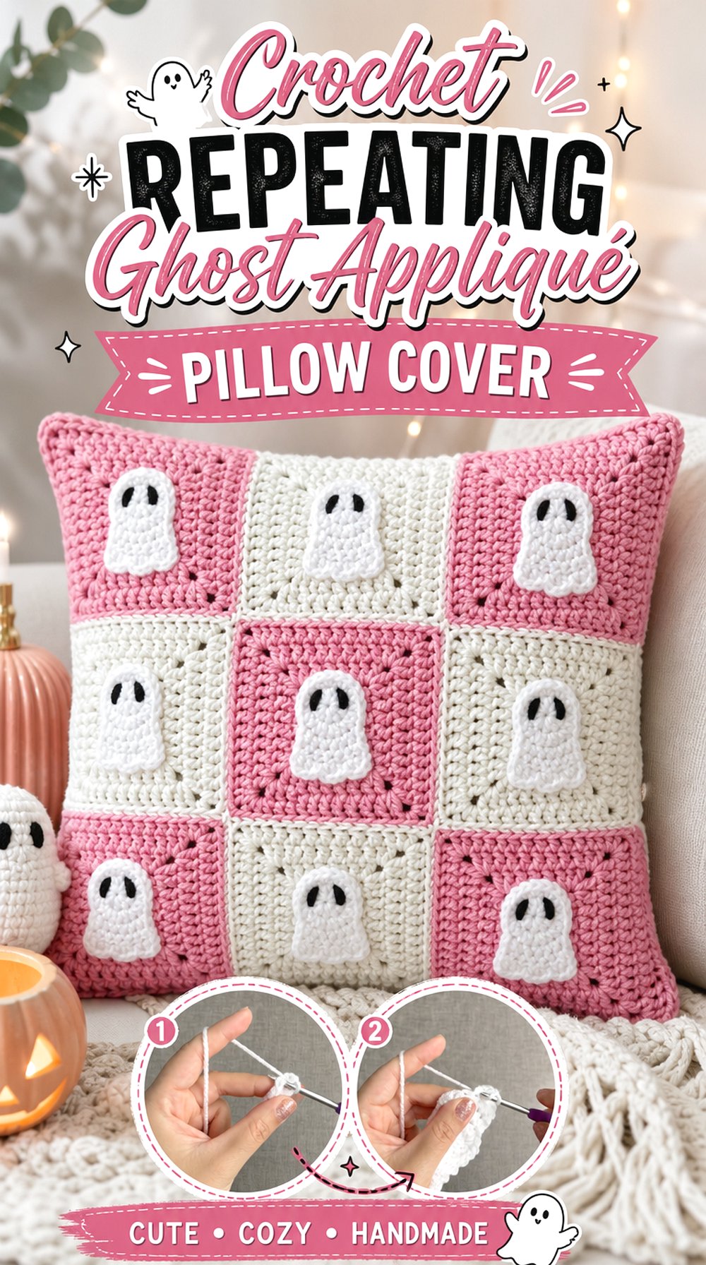 Crochet Repeating Ghost Appliqué Pillow Cover
