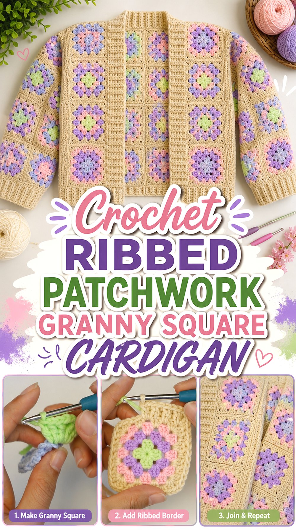 Crochet Ribbed Patchwork Granny Square Cardigan