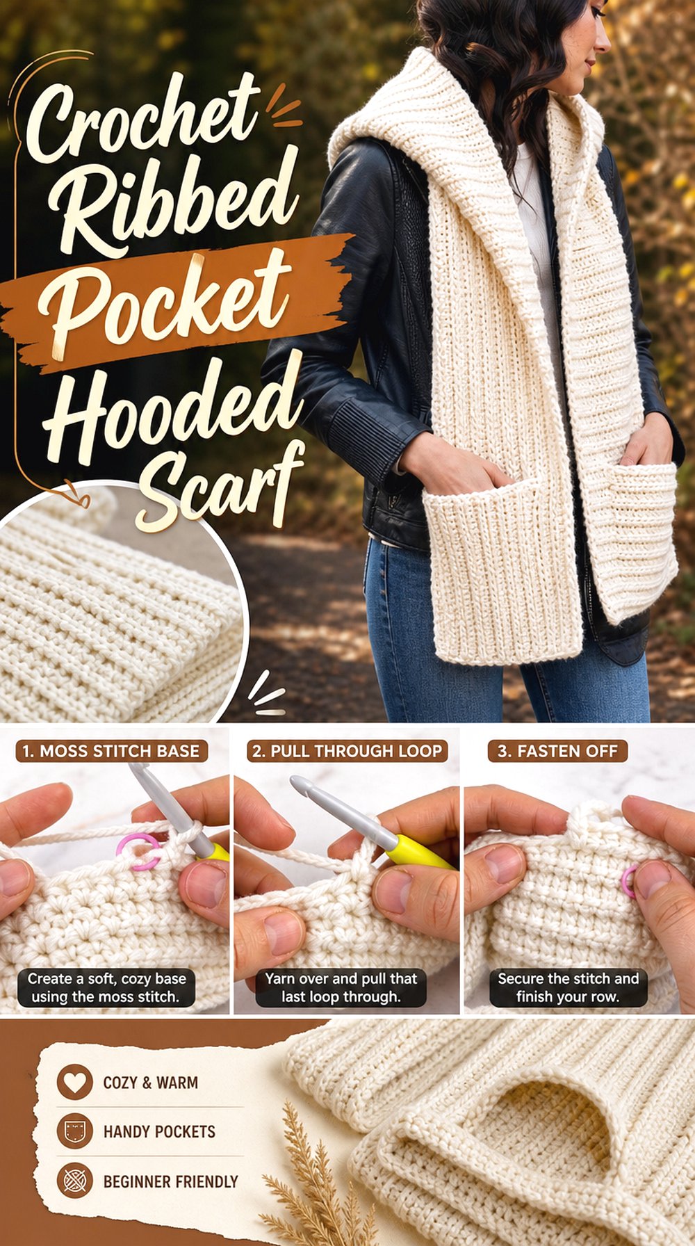 Crochet Ribbed Pocket Hooded Scarf