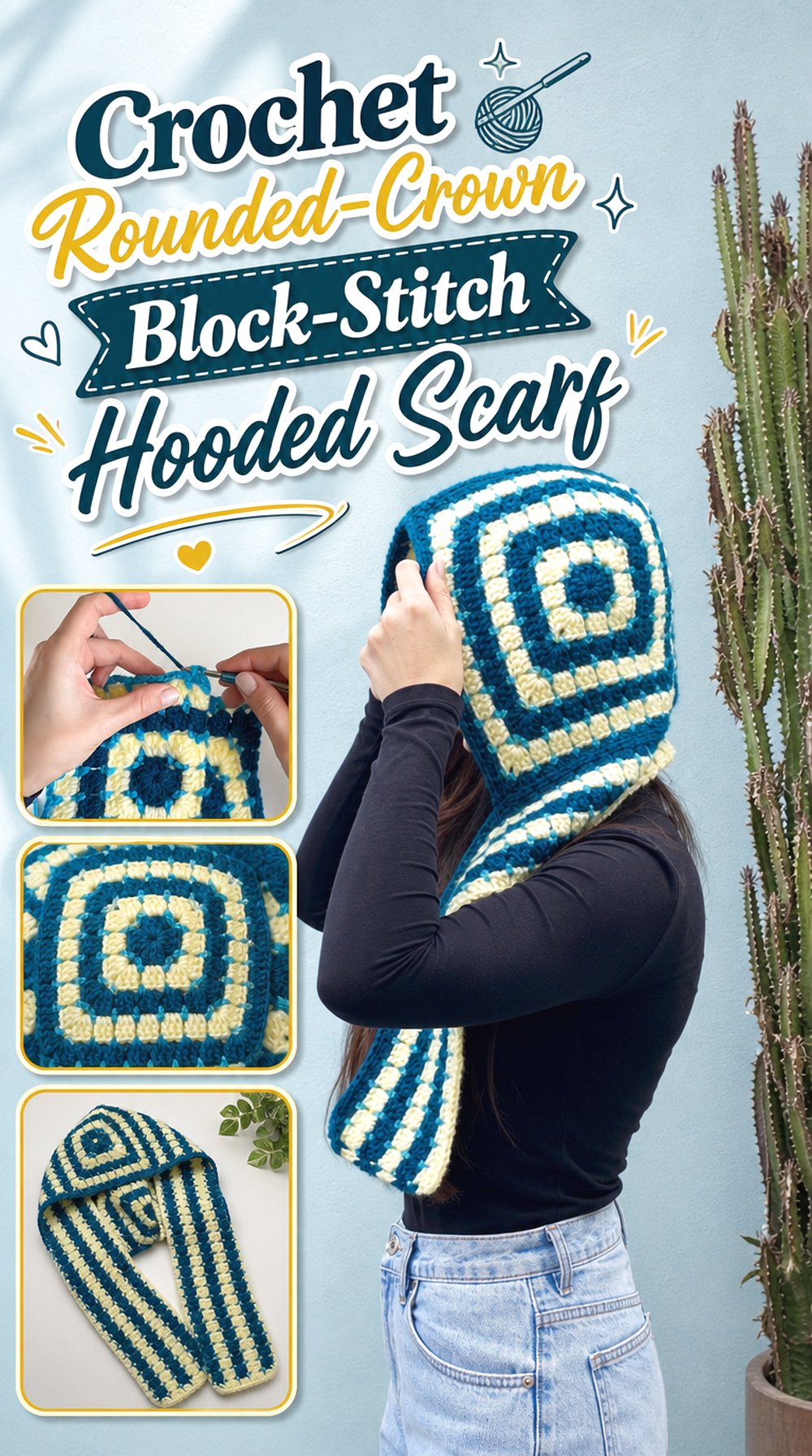 Crochet Rounded Crown Block Stitch Hooded Scarf