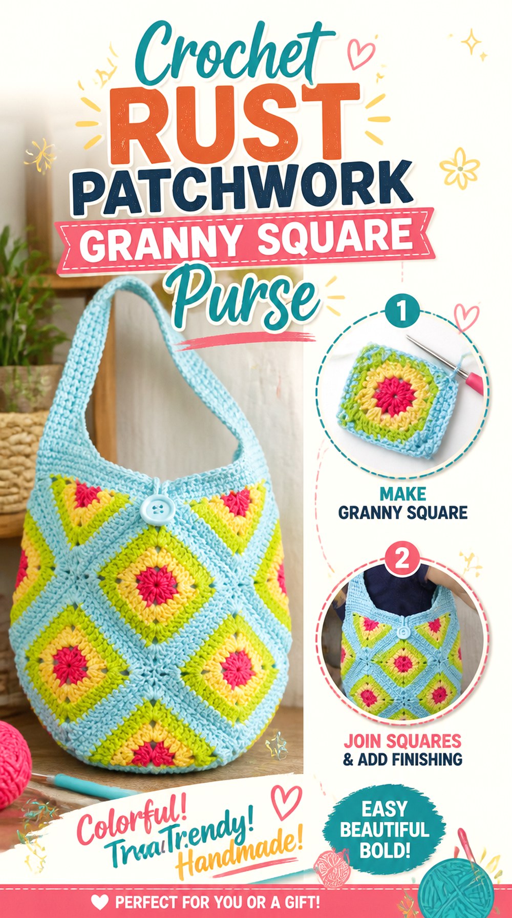 Crochet Rust Patchwork Granny Square Purse