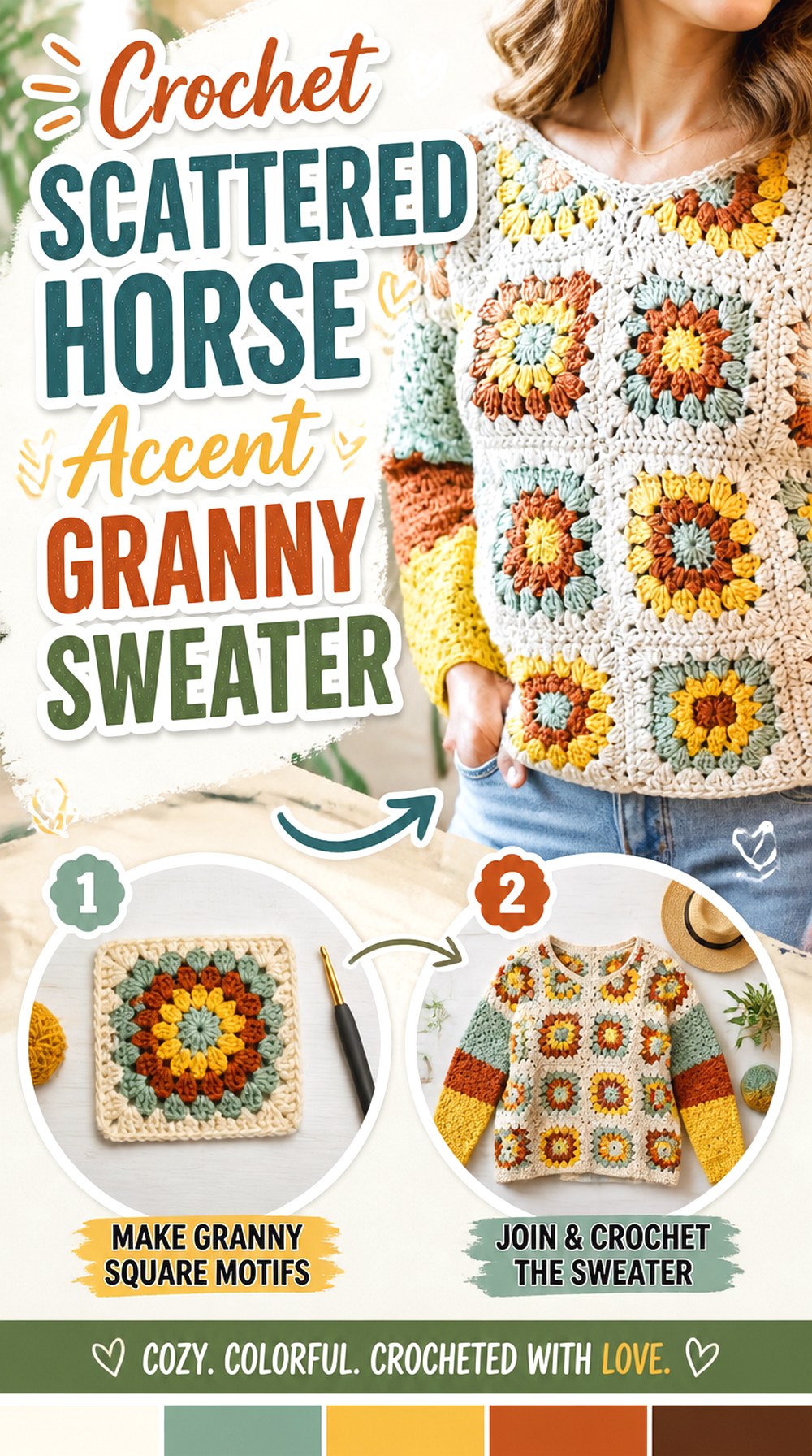 Crochet Scattered Horse Accent Granny Sweater