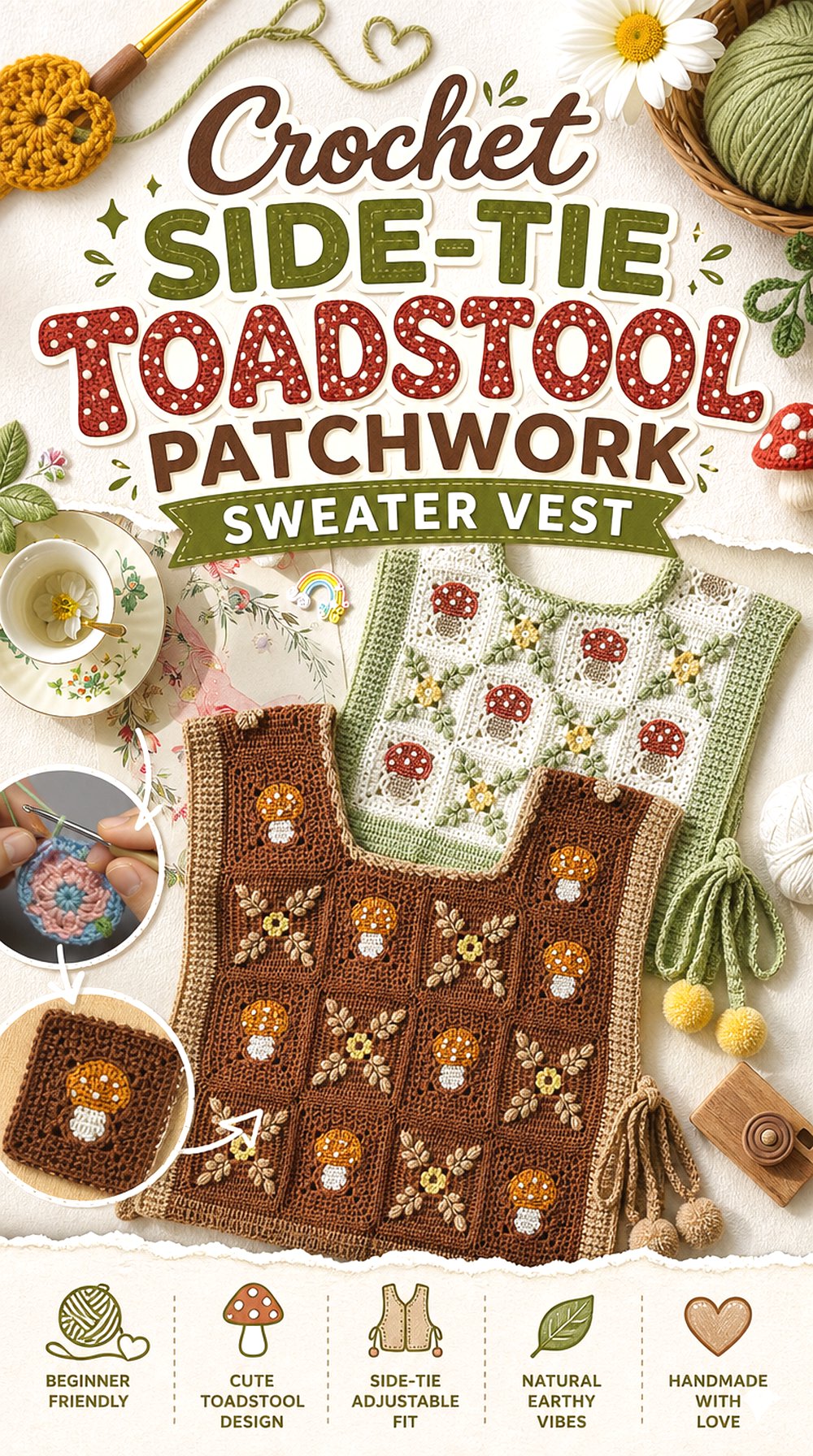 Crochet Side Tie Toadstool Patchwork Sweater Vest