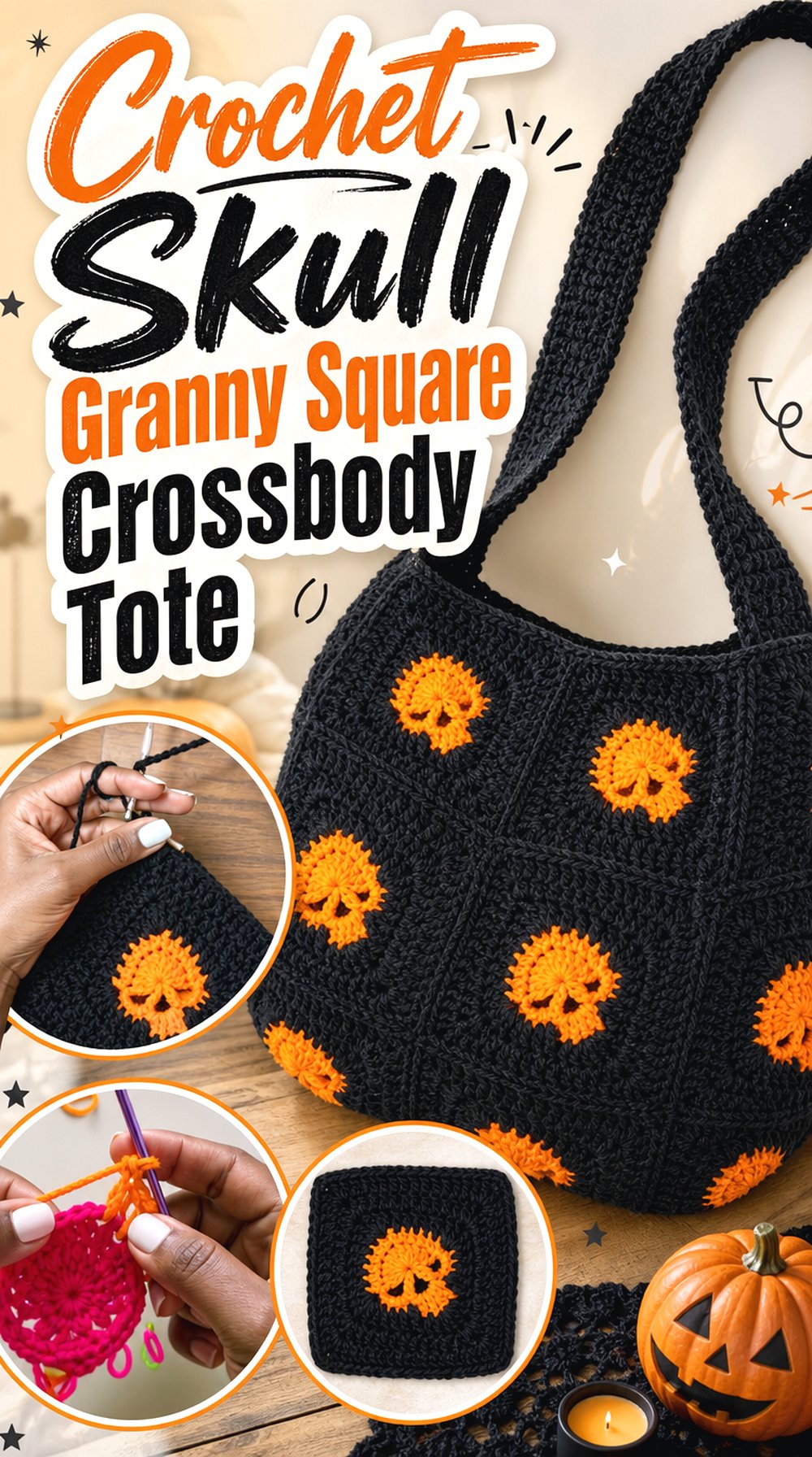 Crochet Skull Granny Square Crossbody Tote