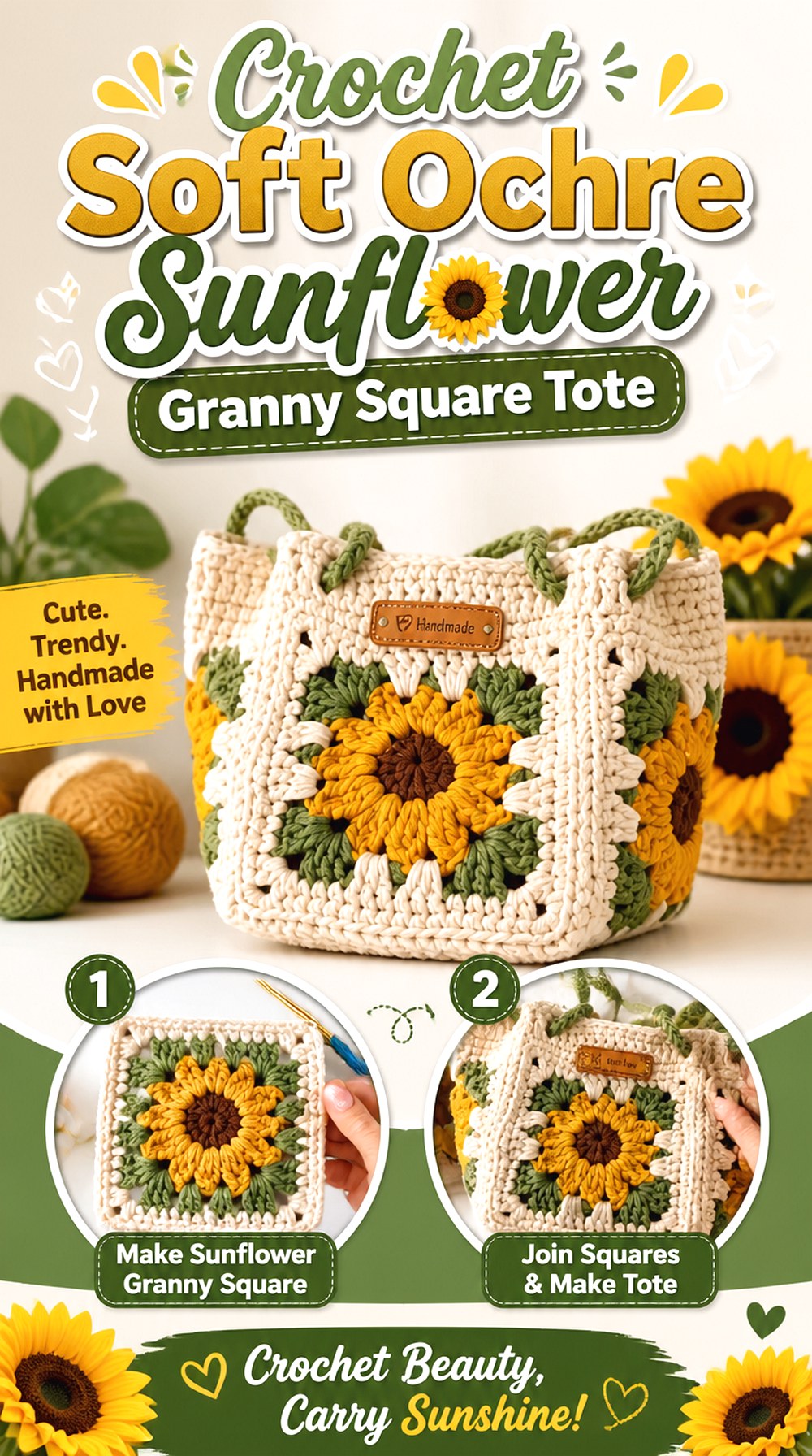 Crochet Soft Ochre Sunflower Granny Square Tote