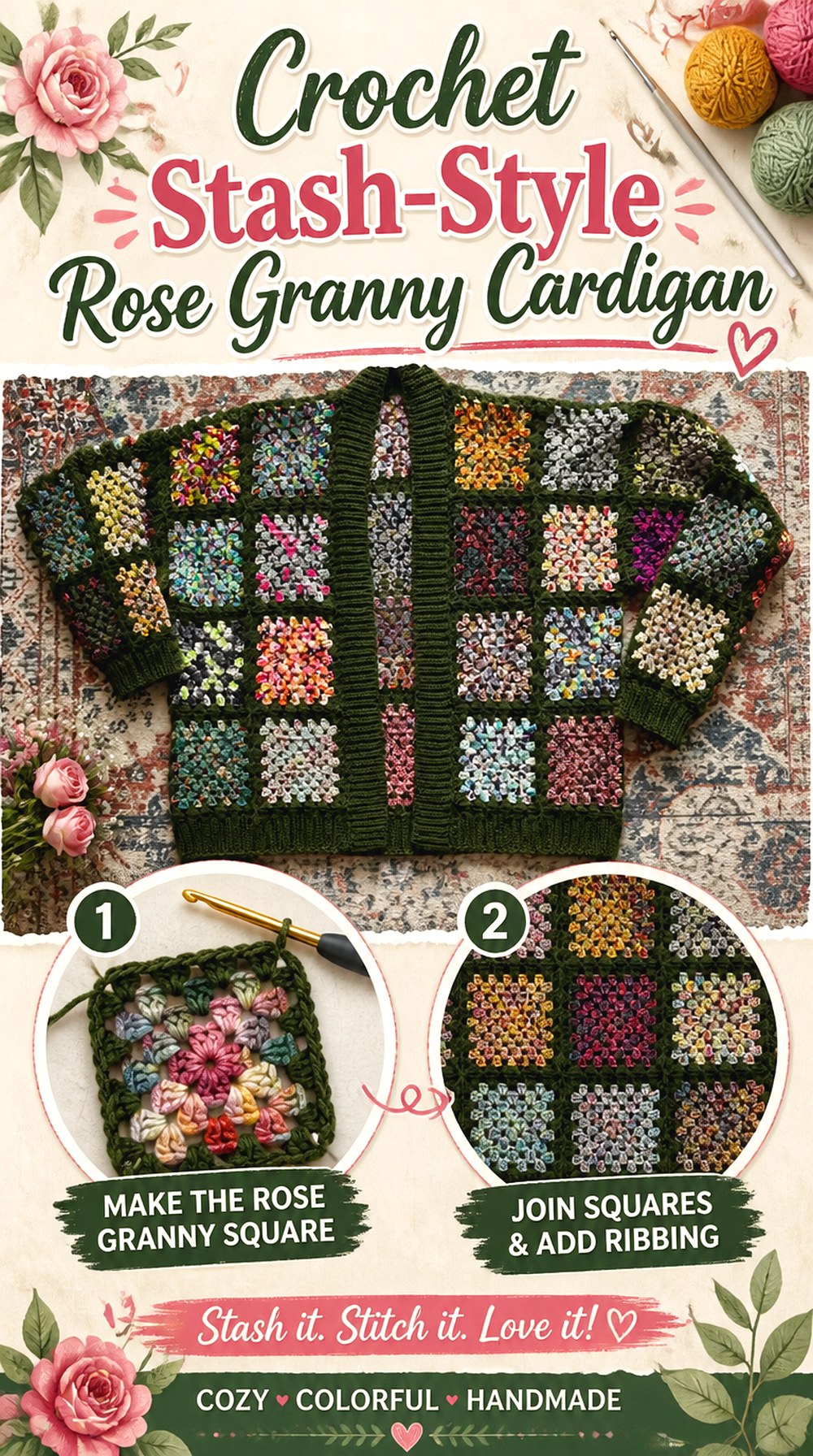 Crochet Stash Style Rose Granny Cardigan