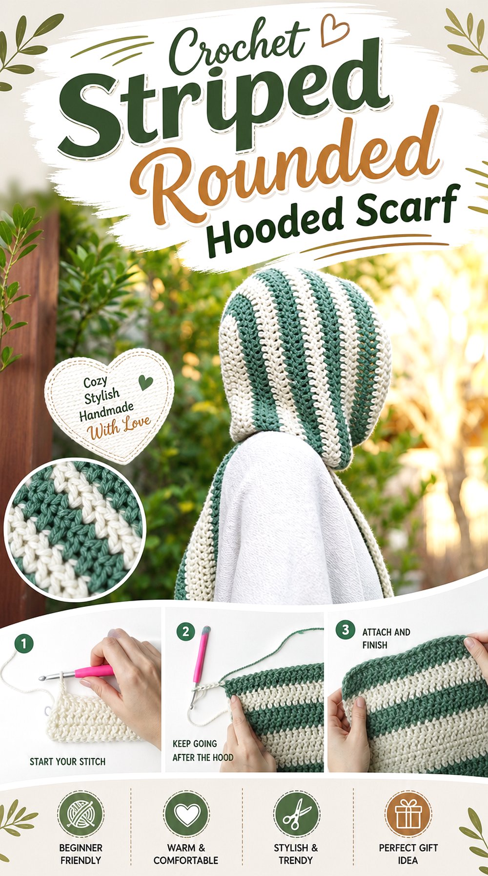 Crochet Striped Rounded Hooded Scarf