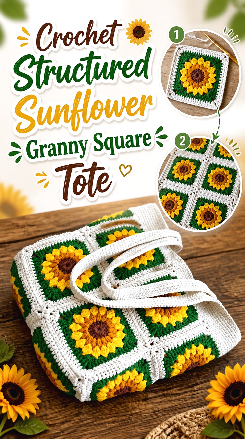 Crochet Structured Sunflower Granny Square Tote
