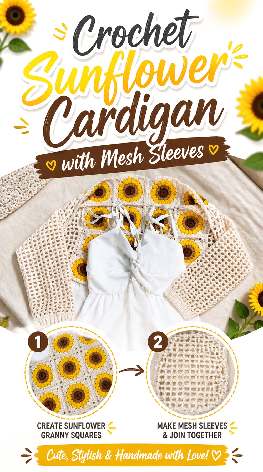 Crochet Sunflower Cardigan with Mesh Sleeves
