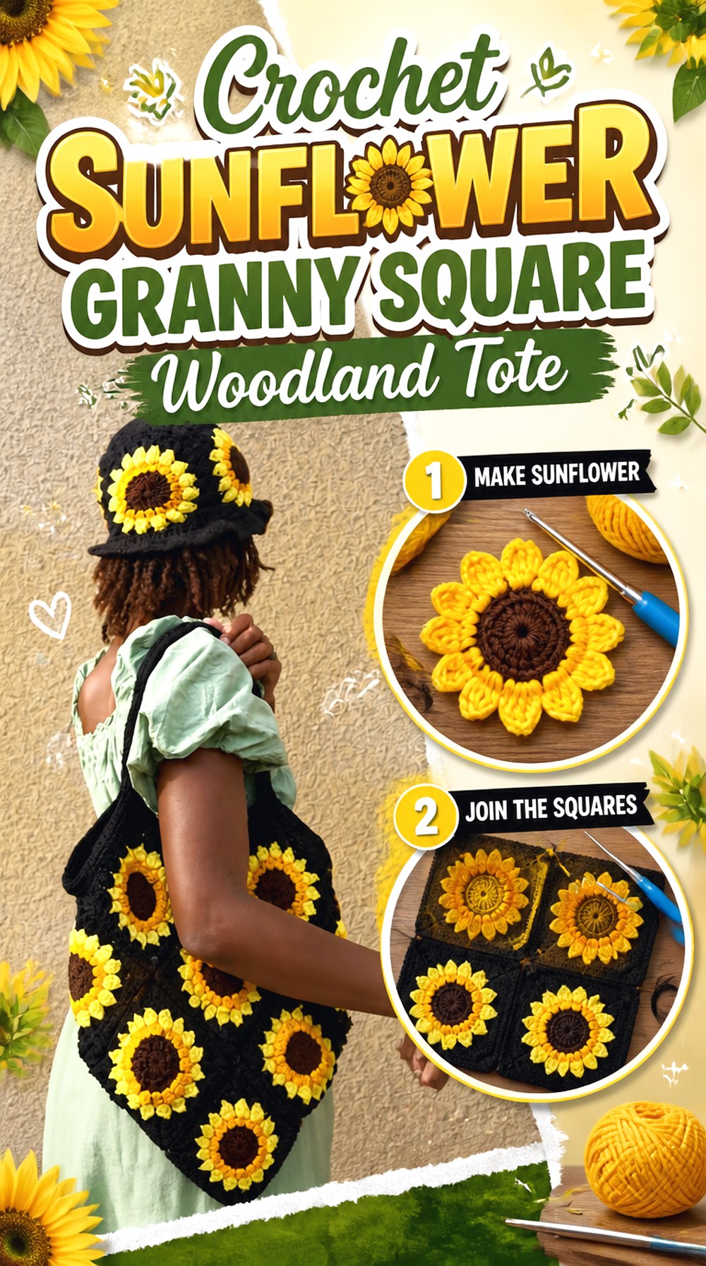Crochet Sunflower Granny Square Woodland Tote