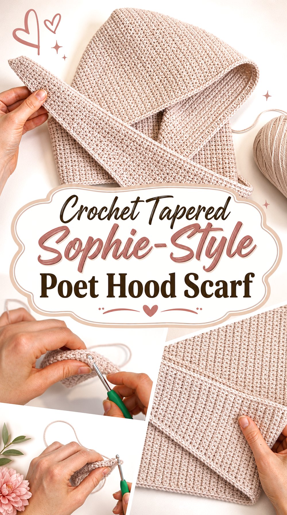 Crochet Tapered Sophie Style Poet Hood Scarf