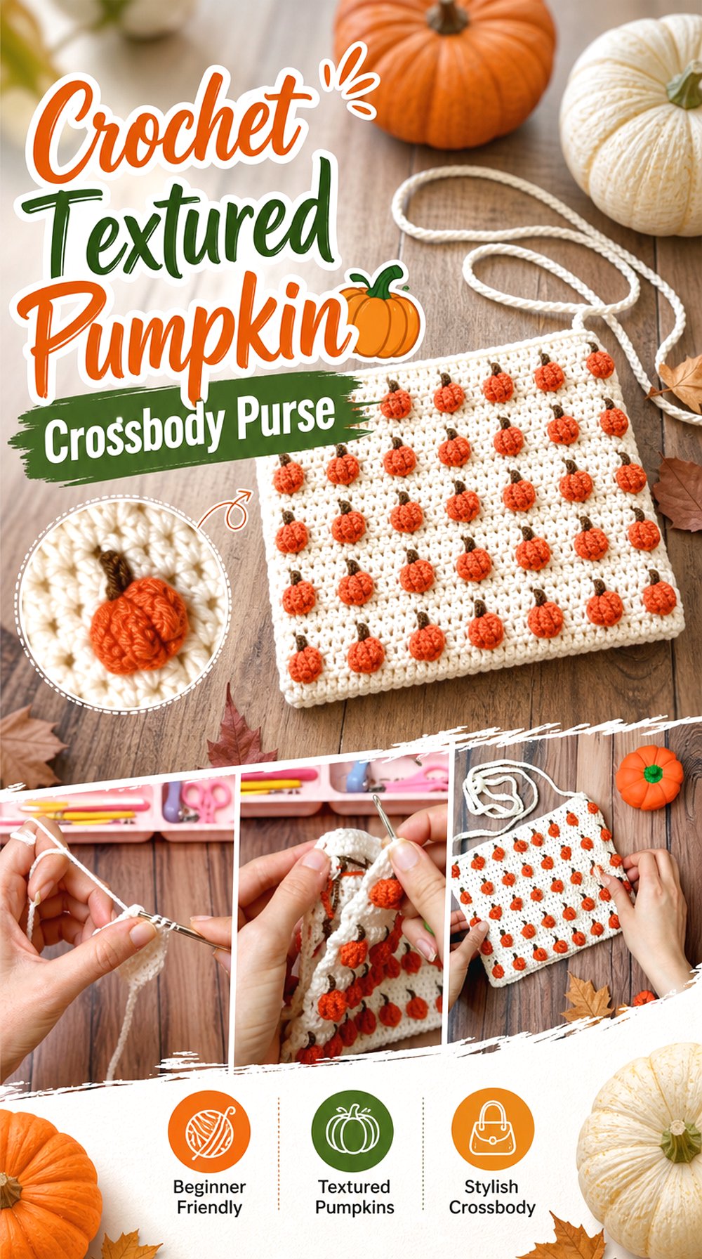 Crochet Textured Pumpkin Crossbody Purse