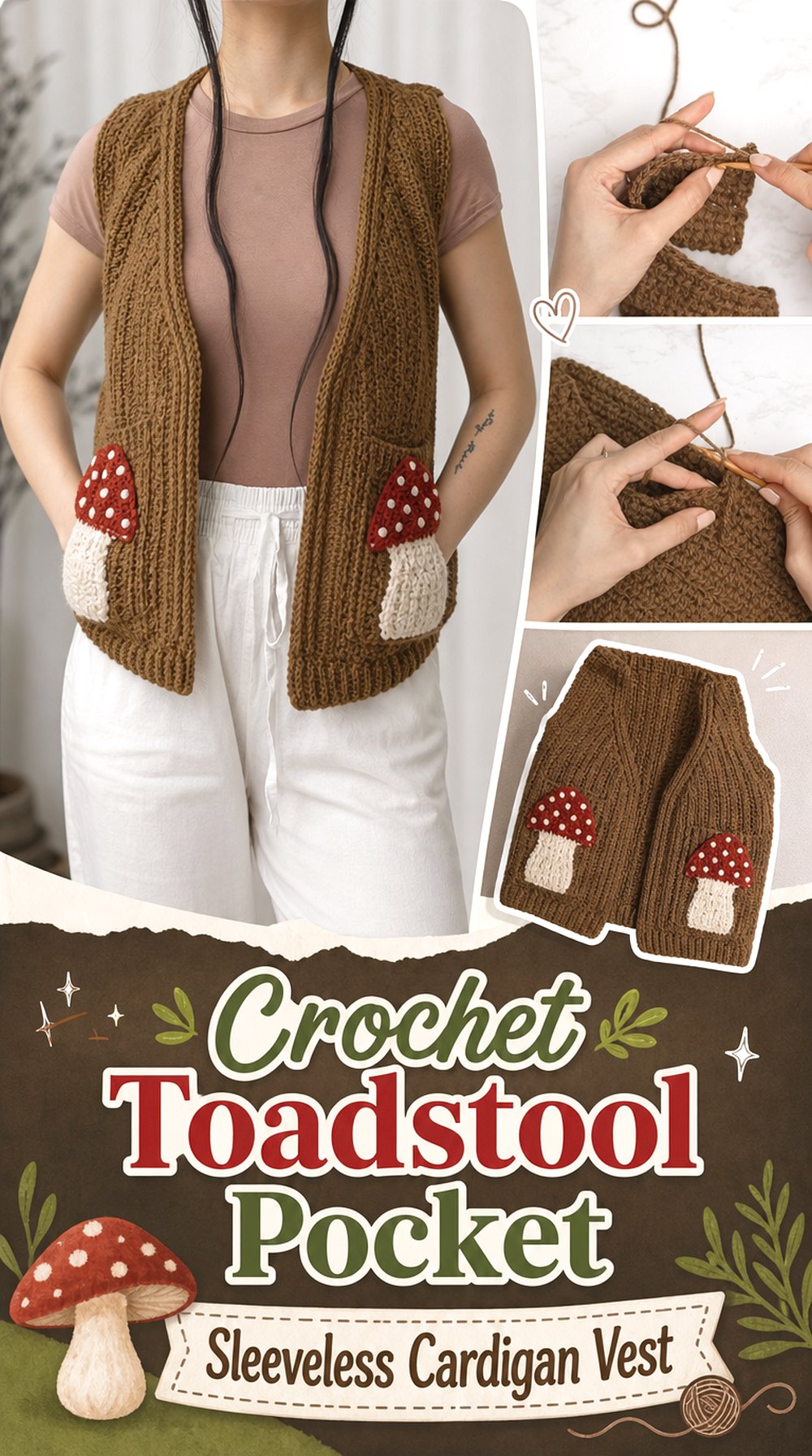 Crochet Toadstool Pocket Sleeveless Cardigan Vest