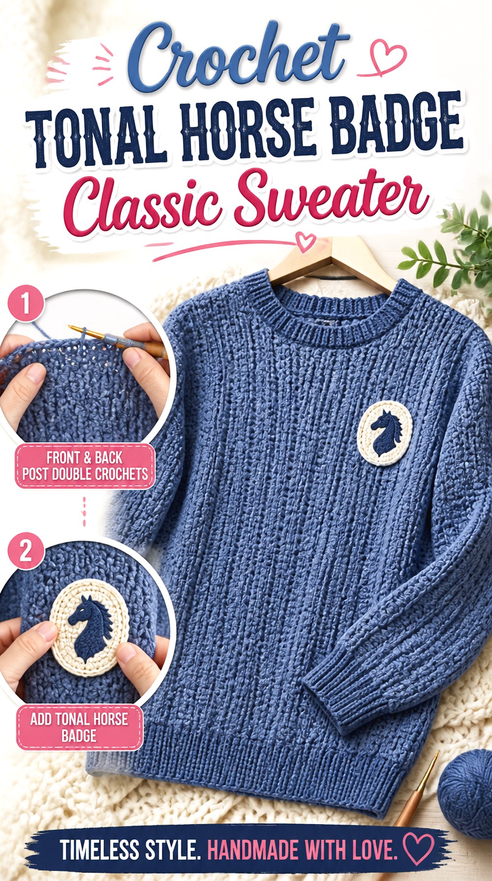 Crochet Tonal Horse Badge Classic Sweater