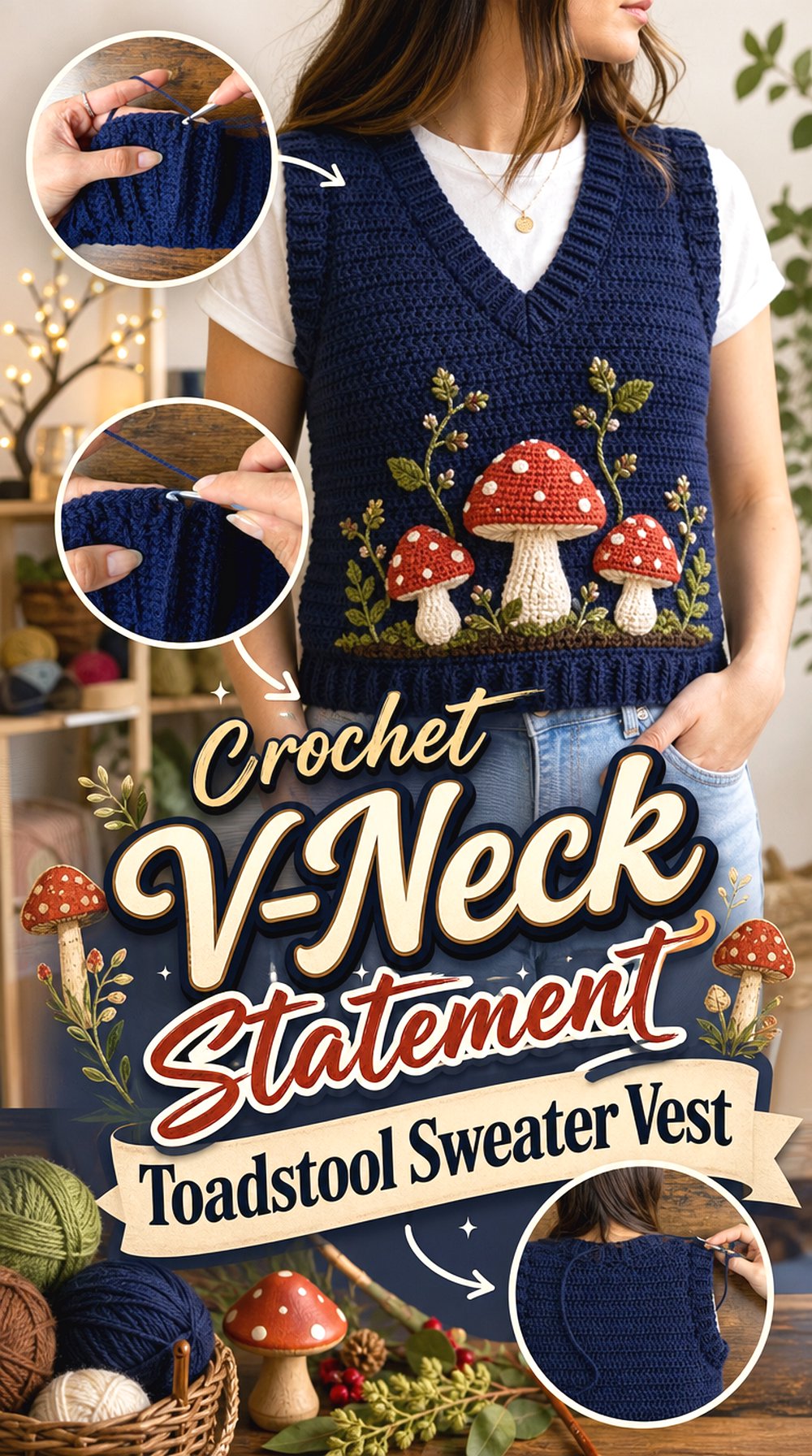 Crochet V Neck Statement Toadstool Sweater Vest