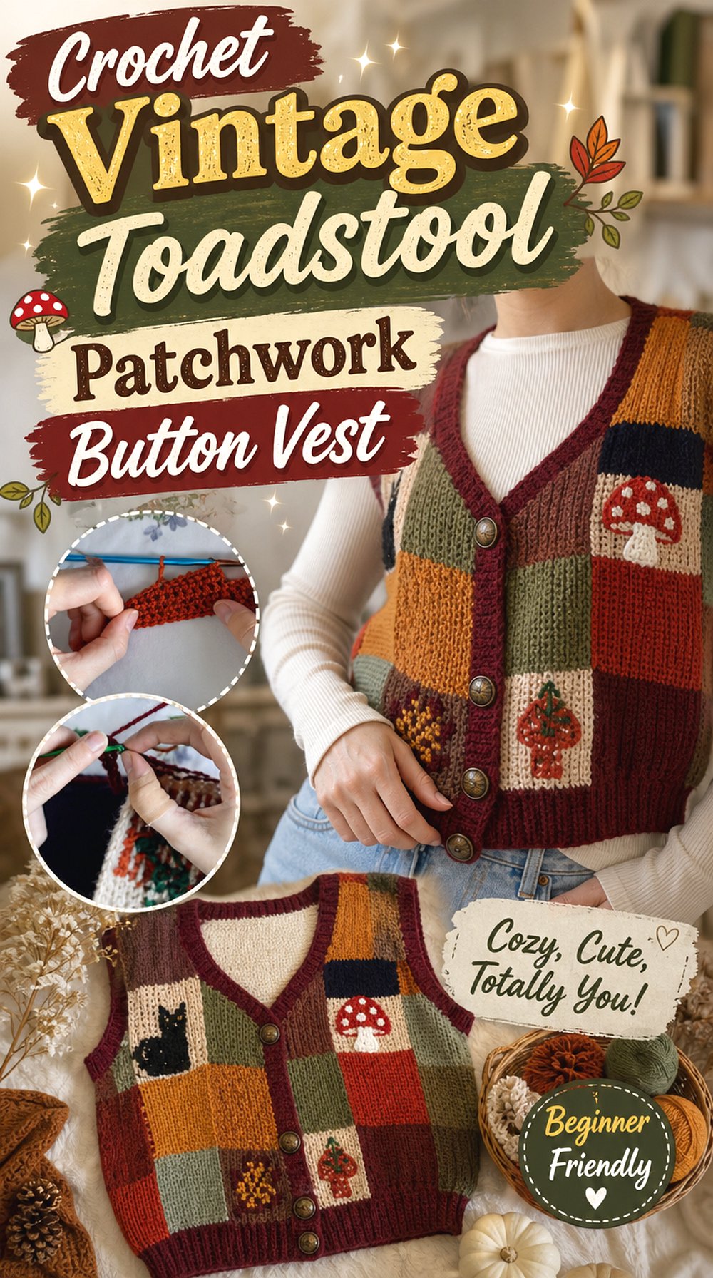 Crochet Vintage Toadstool Patchwork Button Vest