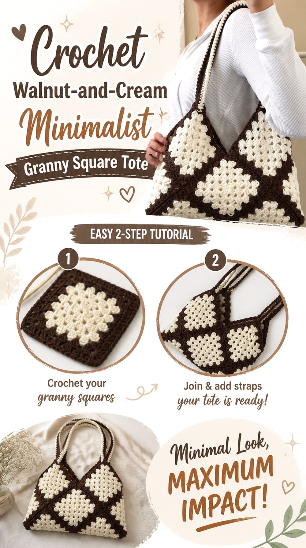 Crochet Walnut and Cream Minimalist Granny Square Tote