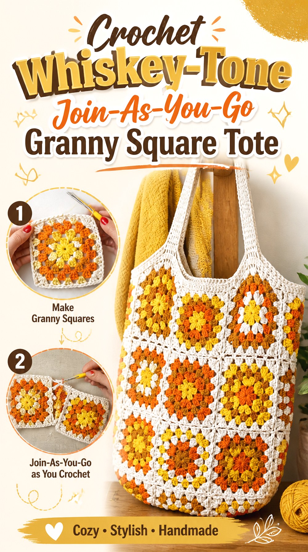 Crochet Whiskey Tone Join As You Go Granny Square Tote