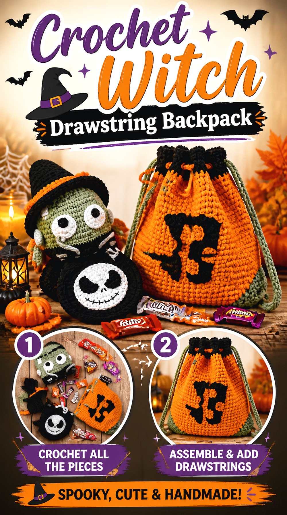Crochet Witch Drawstring Backpack