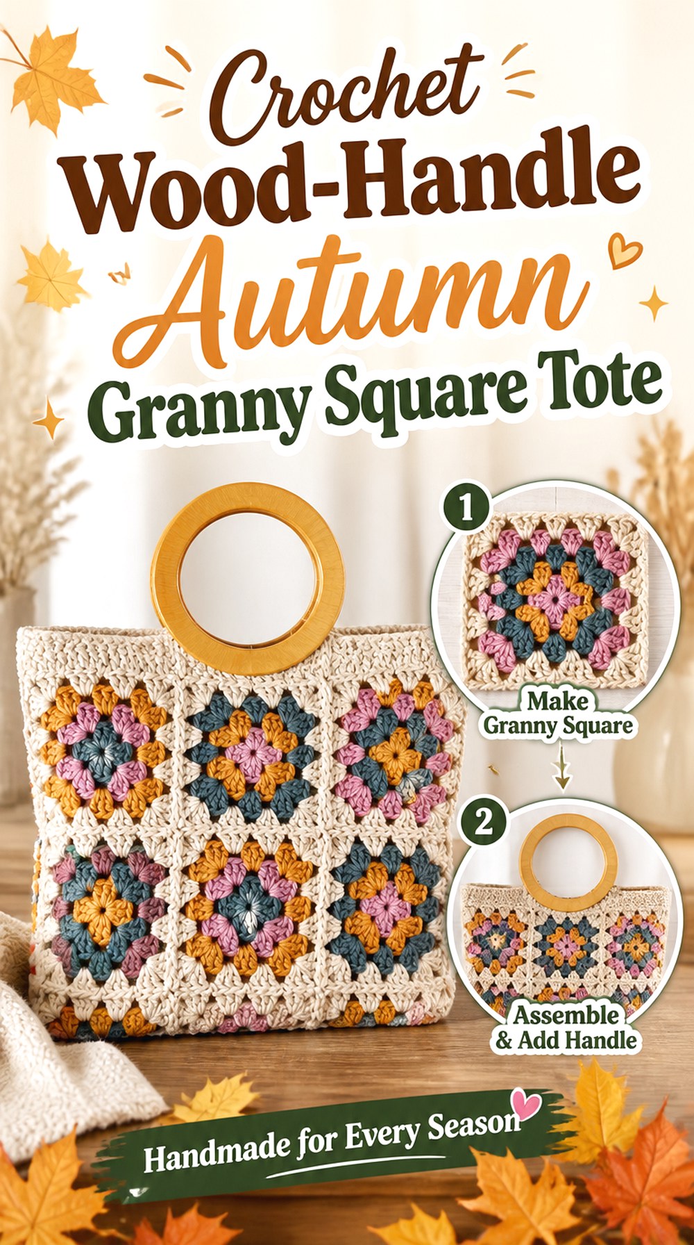 Crochet Wood Handle Autumn Granny Square Tote
