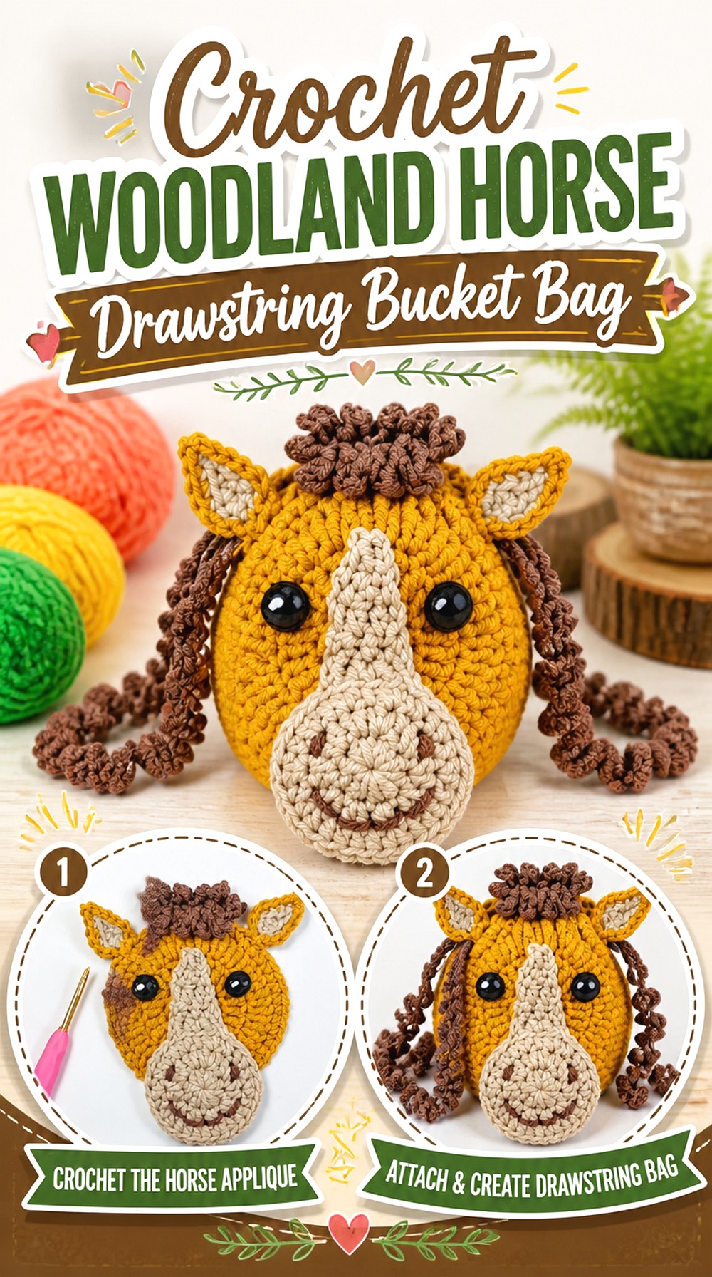 Crochet Woodland Horse Drawstring Bucket Bag