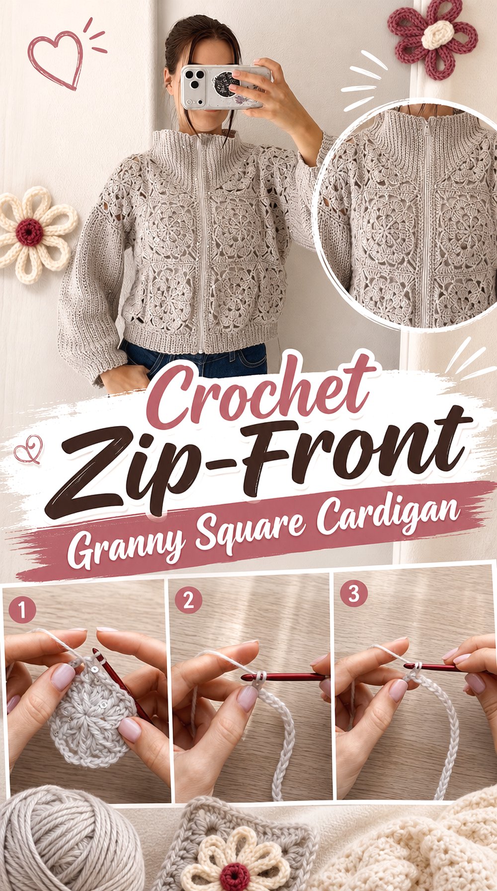 Crochet Zip Front Granny Square Cardigan