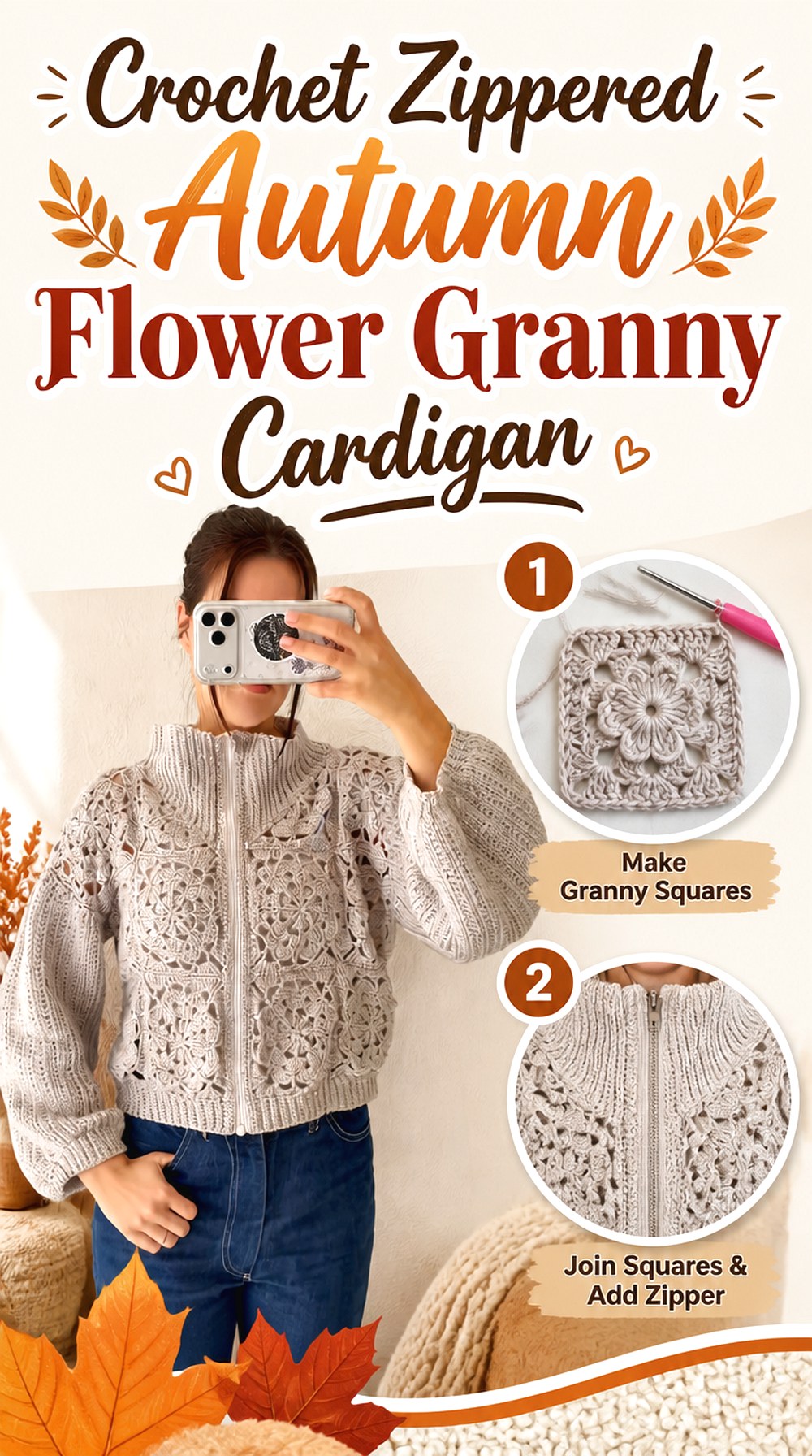 Crochet Zippered Autumn Flower Granny Cardigan