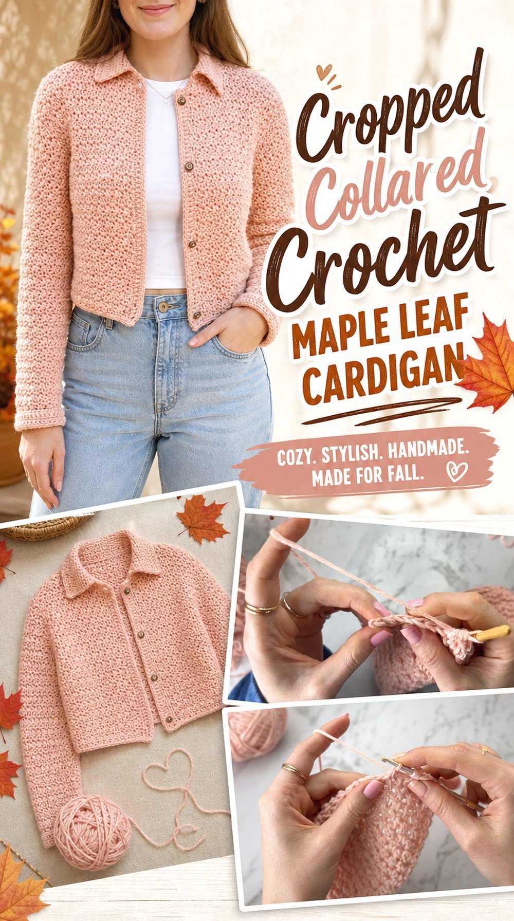 Cropped Collared Crochet Maple Leaf Cardigan