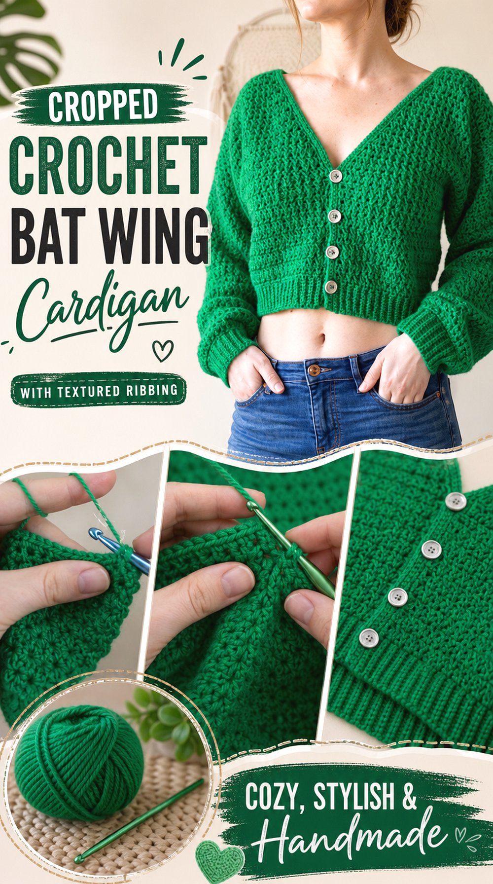Cropped Crochet Bat Wing Cardigan with Textured Ribbing