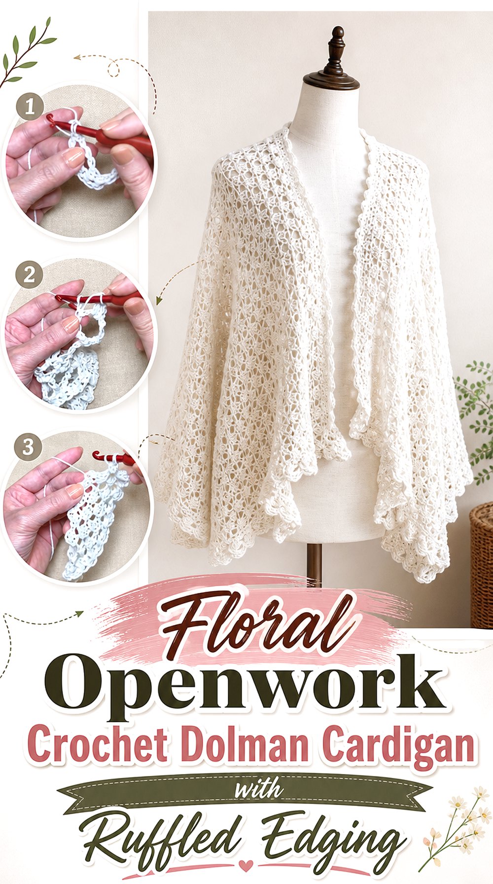 Floral Openwork Crochet Dolman Cardigan with Ruffled Edging