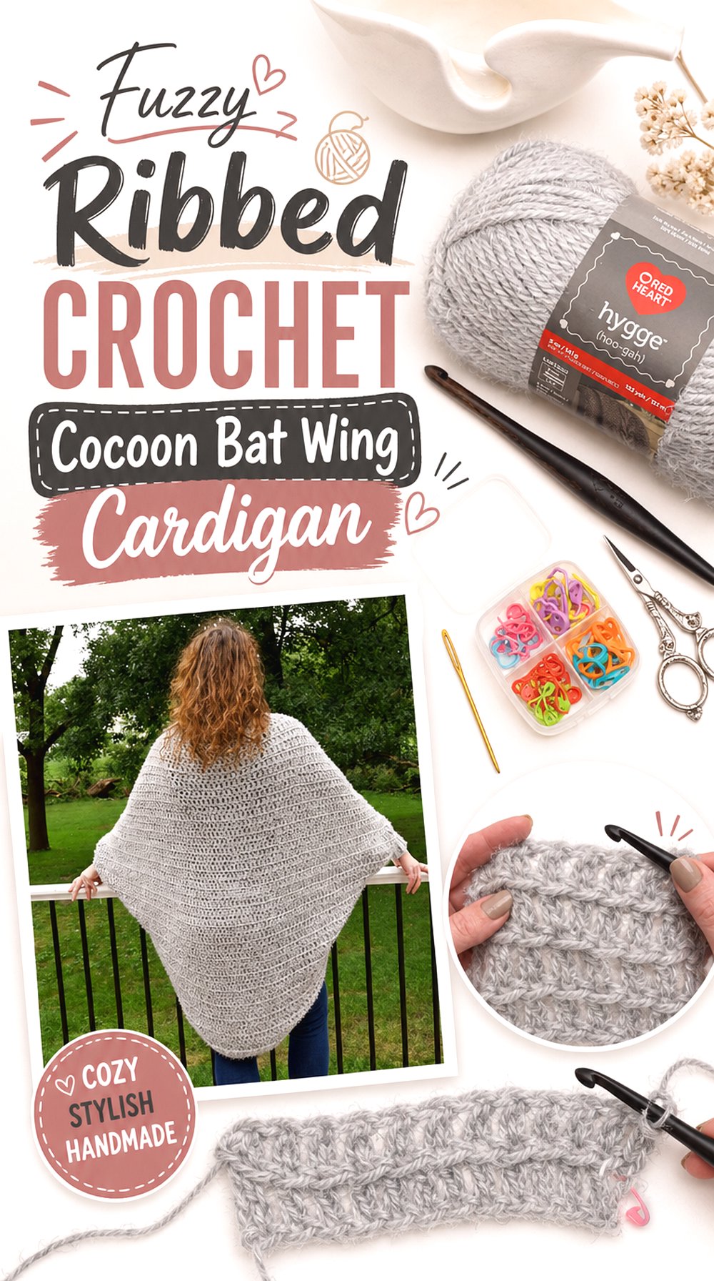 Fuzzy Ribbed Crochet Cocoon Bat Wing Cardigan
