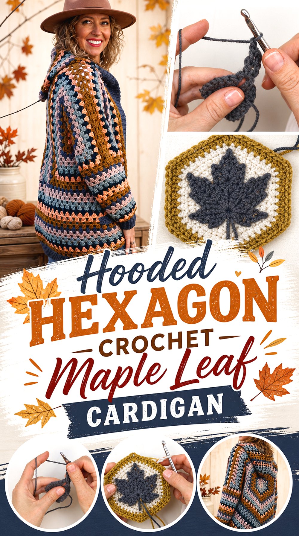 Hooded Hexagon Crochet Maple Leaf Cardigan