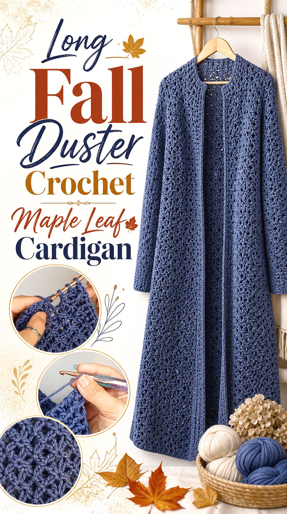 Long Fall Duster Crochet Maple Leaf Cardigan