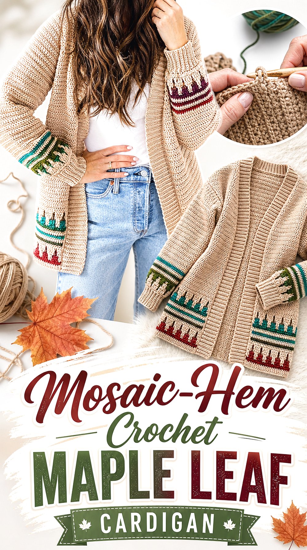 Mosaic Hem Crochet Maple Leaf Cardigan