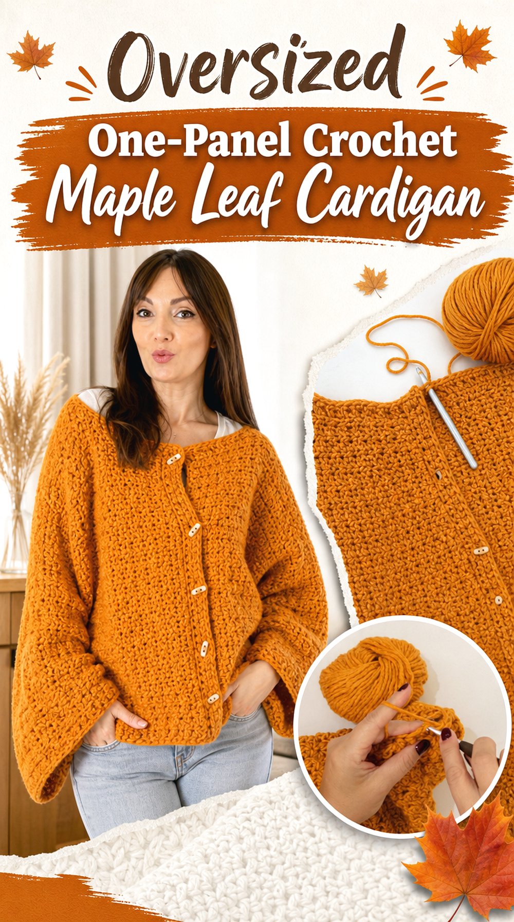 Oversized One Panel Crochet Maple Leaf Cardigan