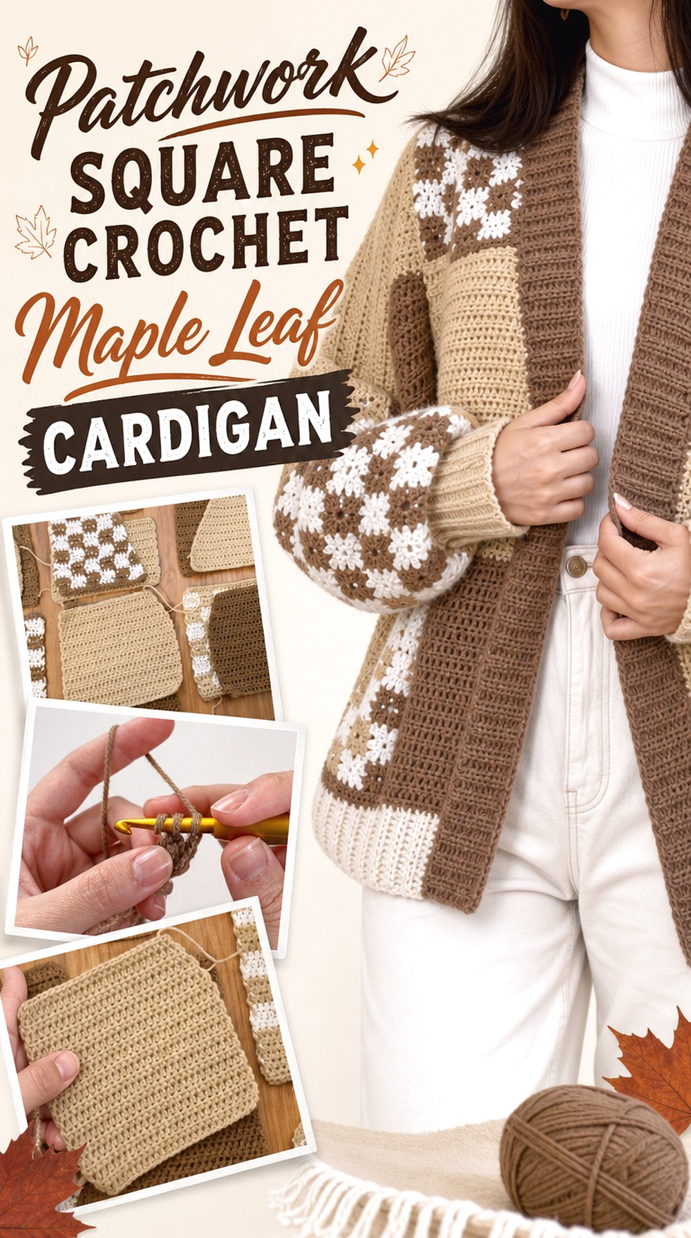 Patchwork Square Crochet Maple Leaf Cardigan