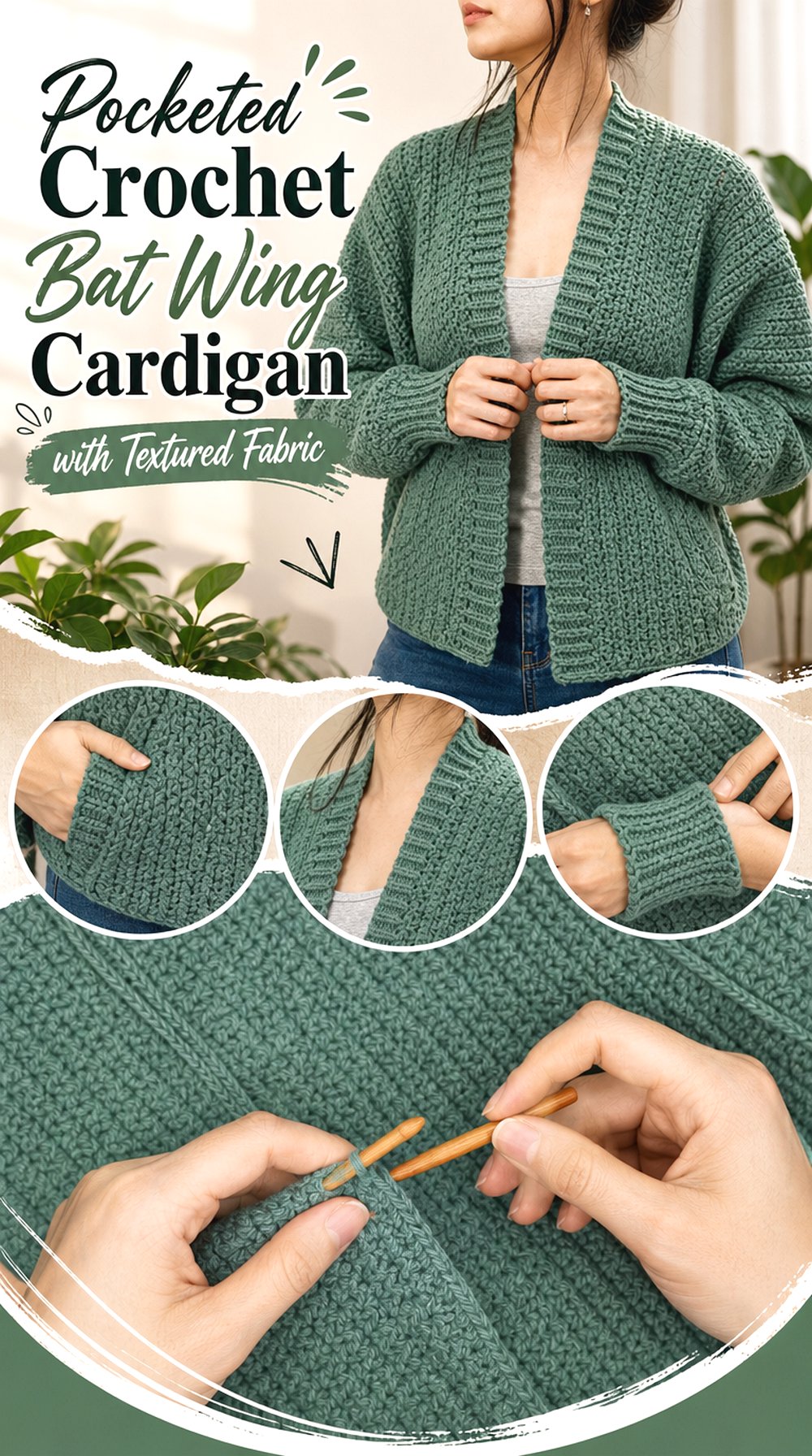 Pocketed Crochet Bat Wing Cardigan with Textured Fabric