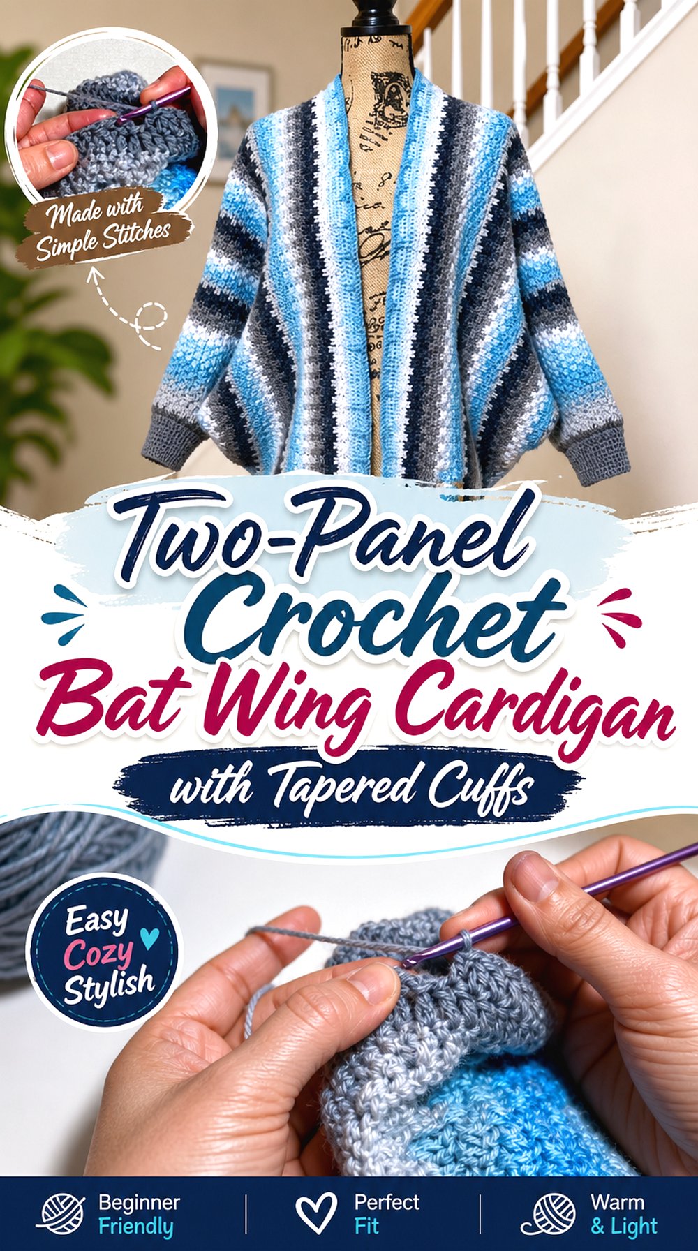 Two Panel Crochet Bat Wing Cardigan with Tapered Cuffs